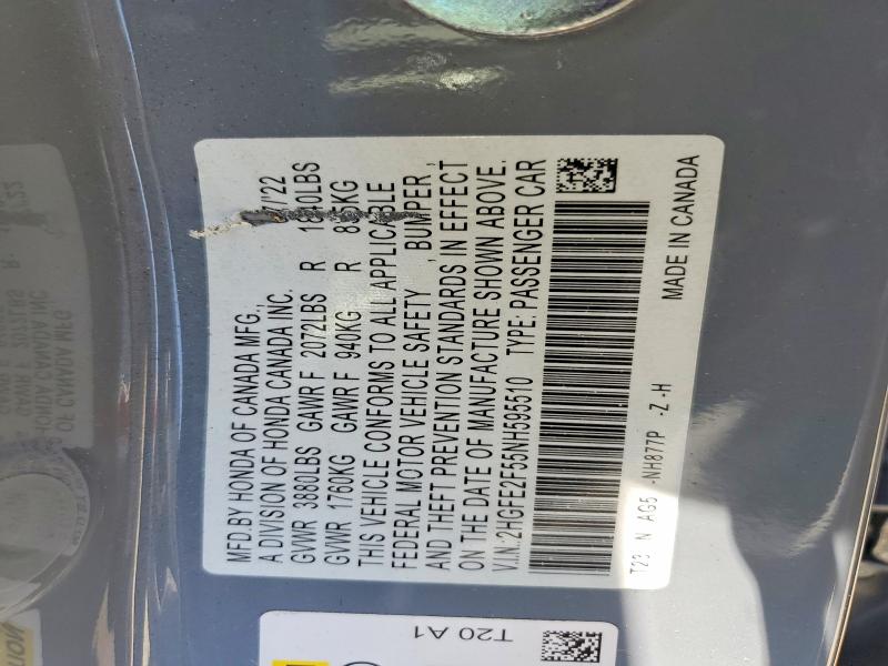 Aukcja sprzedaży 2022 Honda Civic, vin: 2HGFE2F55NH595510, numer aukcji: 60592616