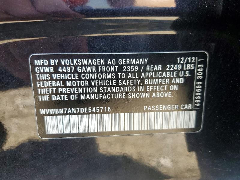 60797506 :رقم المزاد ، WVWBN7AN7DE545716 vin ، 2013 Volkswagen Cc مزاد بيع