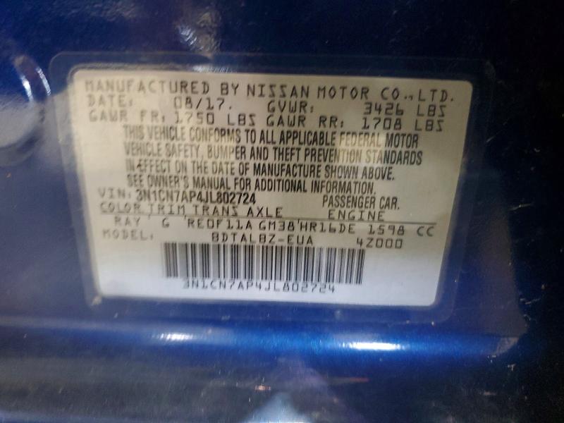 Продажа на аукционе авто 2018 Nissan Versa, vin: 3N1CN7AP4JL802724, номер лота: 61889786