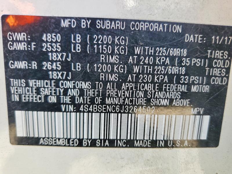 61737836 :رقم المزاد ، 4S4BSENC6J3264502 vin ، 2018 Subaru Outback مزاد بيع