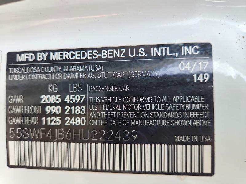 Продажа на аукционе авто 2017 Mercedes-benz C, vin: 55SWF4JB6HU222439, номер лота: 60927696
