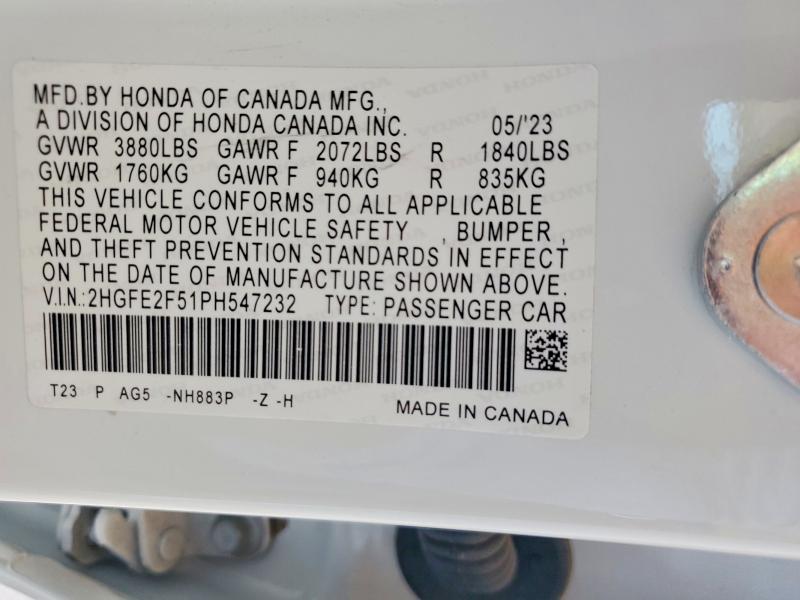 60090366 :رقم المزاد ، 2HGFE2F51PH547232 vin ، 2023 Honda Civic مزاد بيع