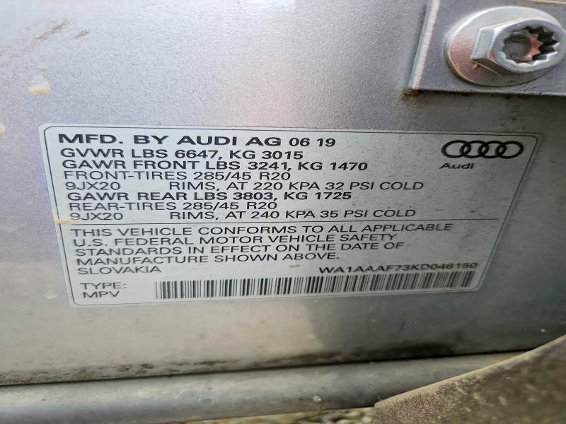 2019 Audi Q7 მანქანა იყიდება აუქციონზე, vin: WA1AAAF73KD046150, აუქციონის ნომერი: 62201666