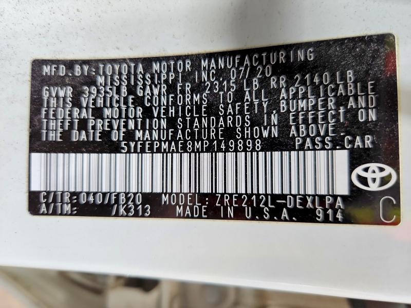 59633646 :رقم المزاد ، 5YFEPMAE8MP149898 vin ، 2021 Toyota Corolla مزاد بيع