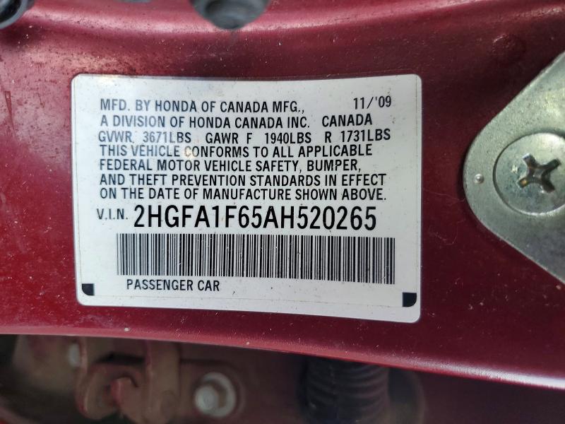 Продажа на аукционе авто 2010 Honda Civic, vin: 2HGFA1F65AH520265, номер лота: 61840966