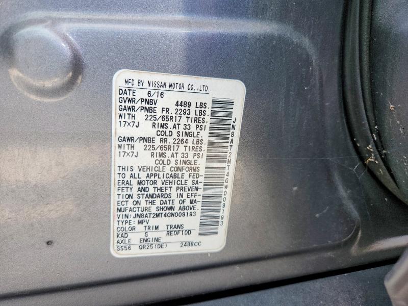 2016 Nissan Rogue მანქანა იყიდება აუქციონზე, vin: JN8AT2MT4GW009193, აუქციონის ნომერი: 61623296