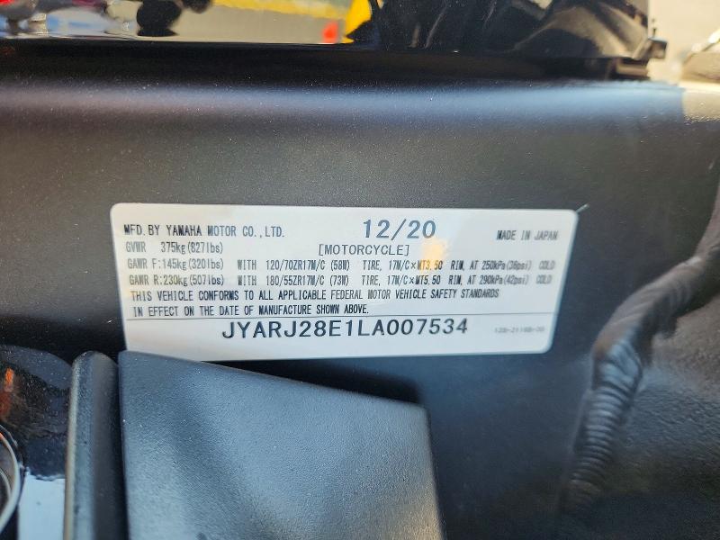 60942656 :رقم المزاد ، JYARJ28E1LA007534 vin ، 2020 Yamaha Yzf-r6 مزاد بيع
