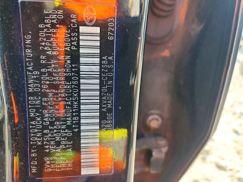 2019 Toyota Camry მანქანა იყიდება აუქციონზე, vin: 4T1B11HK5KU760711, აუქციონის ნომერი: 63534046