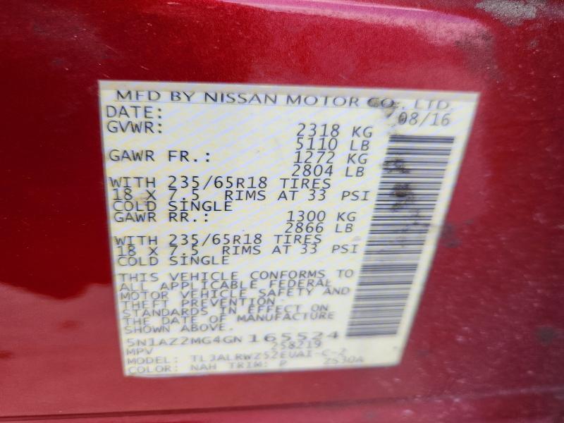 2016 Nissan Murano მანქანა იყიდება აუქციონზე, vin: 5N1AZ2MG4GN165524, აუქციონის ნომერი: 58971436