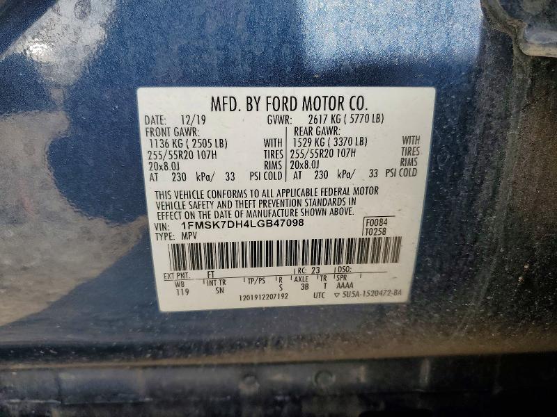 61562476 :رقم المزاد ، 1FMSK7DH4LGB47098 vin ، 2020 Ford Explorer مزاد بيع