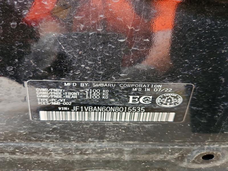 Aukcja sprzedaży 2022 Subaru Wrx, vin: JF1VBAN60N8015535, numer aukcji: 61332536