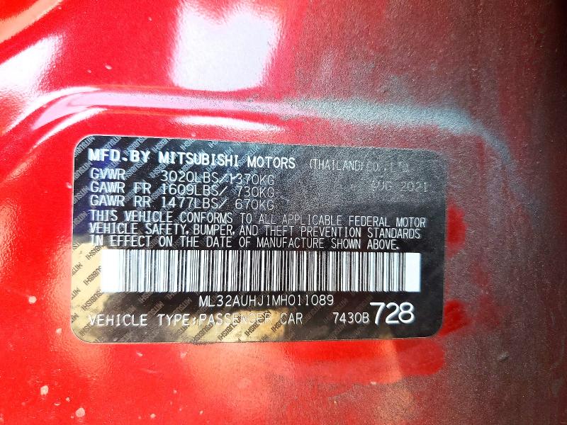 59804086 :رقم المزاد ، ML32AUHJ1MH011089 vin ، 2021 Mitsubishi Mirage مزاد بيع