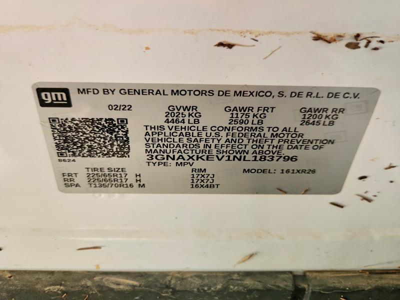 Aukcja sprzedaży 2022 Chevrolet Equinox, vin: 3GNAXKEV1NL183796, numer aukcji: 59663356