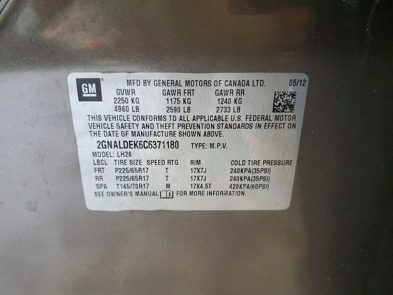 2012 Chevrolet Equinox მანქანა იყიდება აუქციონზე, vin: 2GNALDEK6C6371180, აუქციონის ნომერი: 59678446