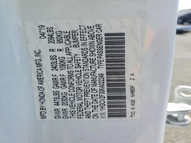 Aukcja sprzedaży 2019 Honda Accord, vin: 1HGCV2F30KA022249, numer aukcji: 59709276