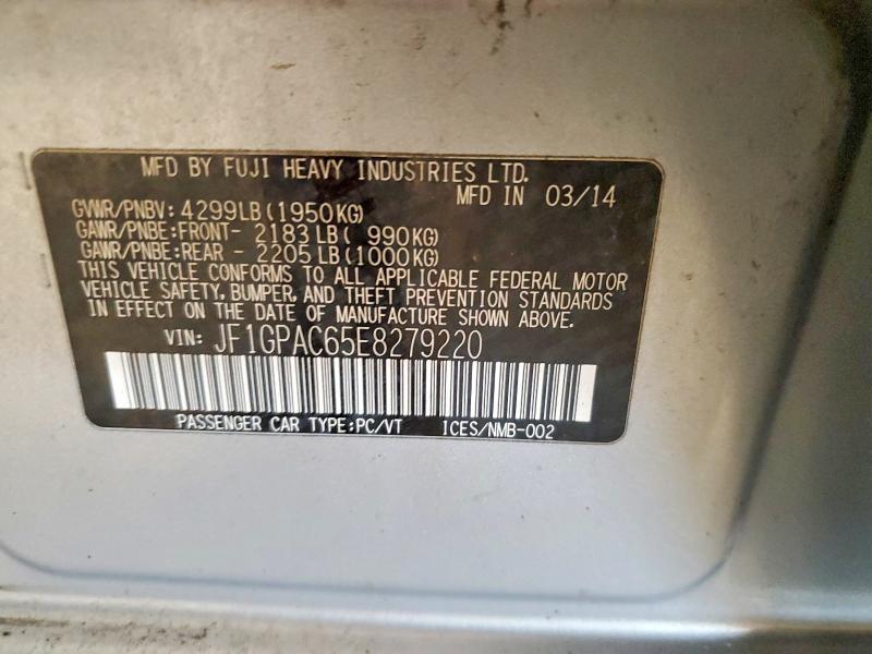 2014 Subaru Impreza მანქანა იყიდება აუქციონზე, vin: JF1GPAC65E8279220, აუქციონის ნომერი: 62644846