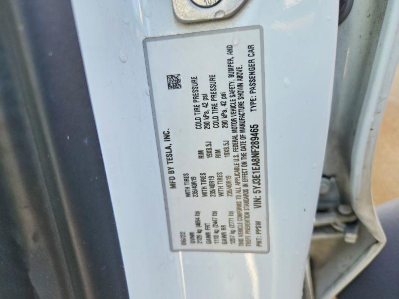 Aukcja sprzedaży 2022 Tesla Model 3, vin: 5YJ3E1EA8NF289465, numer aukcji: 62009286