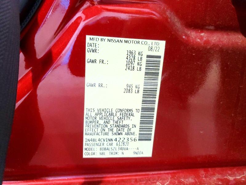 2022 Nissan Altima მანქანა იყიდება აუქციონზე, vin: 1N4BL4CV1NN422356, აუქციონის ნომერი: 62359806