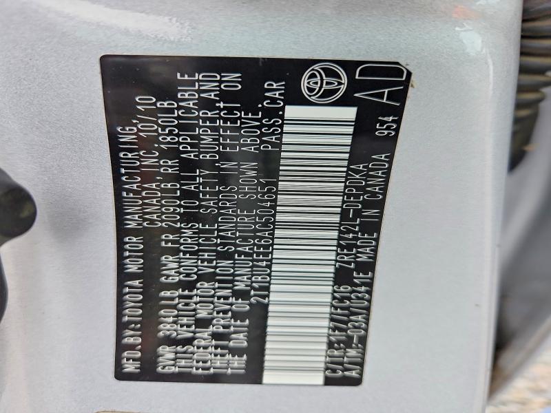 60212646 :رقم المزاد ، 2T1BU4EE6AC504651 vin ، 2010 Toyota Corolla مزاد بيع