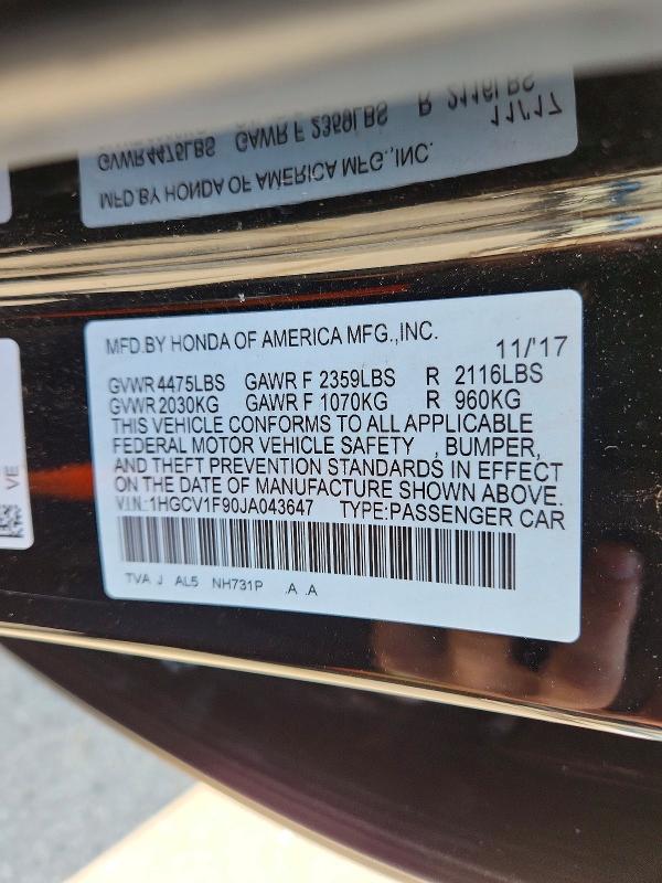 Продажа на аукционе авто 2018 Honda Accord, vin: 1HGCV1F90JA043647, номер лота: 62064956