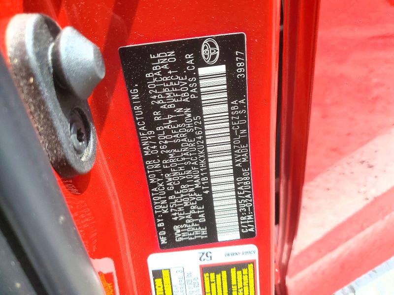 2019 Toyota Camry მანქანა იყიდება აუქციონზე, vin: 4T1B11HKXKU246725, აუქციონის ნომერი: 60194346