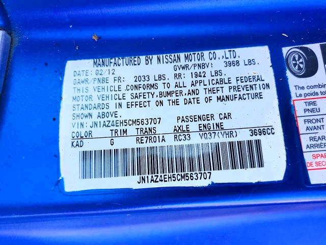2012 Nissan 370z მანქანა იყიდება აუქციონზე, vin: JN1AZ4EH5CM563707, აუქციონის ნომერი: 63108826