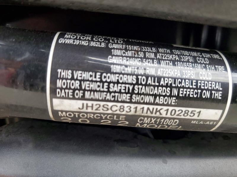 2022 Honda Cmx1100 მანქანა იყიდება აუქციონზე, vin: JH2SC8311NK102851, აუქციონის ნომერი: 59320656