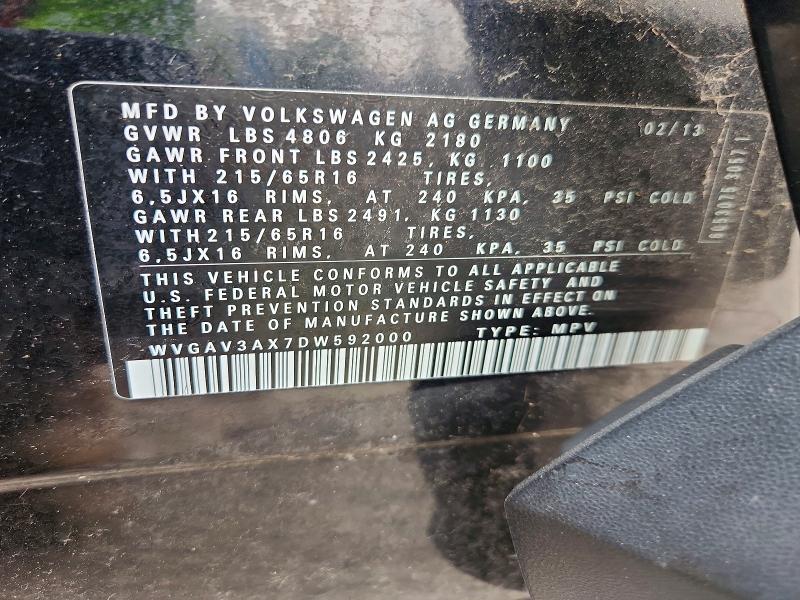 2013 Volkswagen Tiguan მანქანა იყიდება აუქციონზე, vin: WVGAV3AX7DW592000, აუქციონის ნომერი: 60319276