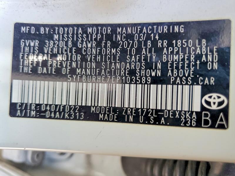 Aukcja sprzedaży 2014 Toyota Corolla, vin: 5YFBURHE7EP103589, numer aukcji: 62069966