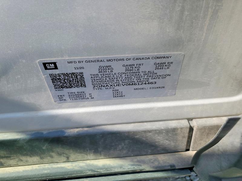 2021 Chevrolet Equinox მანქანა იყიდება აუქციონზე, vin: 2GNAXUEV0M6124463, აუქციონის ნომერი: 59804636