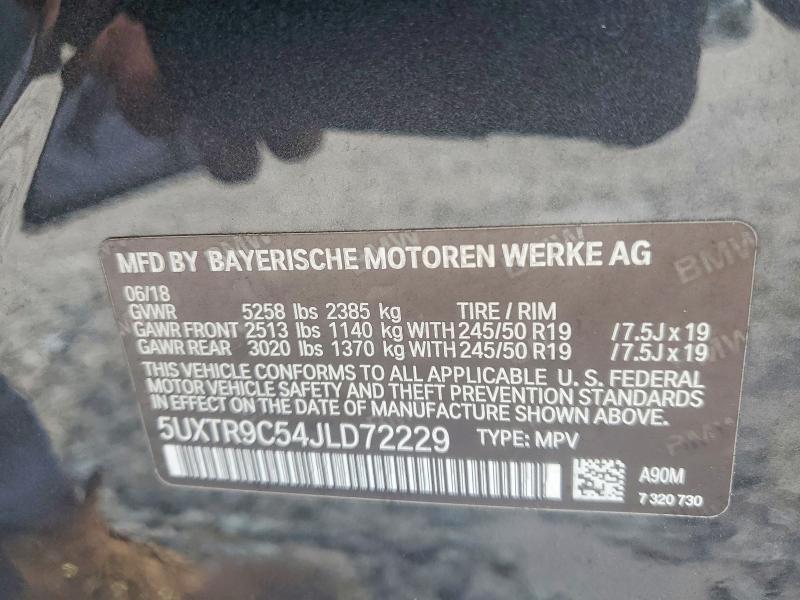 62019856 :رقم المزاد ، 5UXTR9C54JLD72229 vin ، 2018 Bmw X3 مزاد بيع