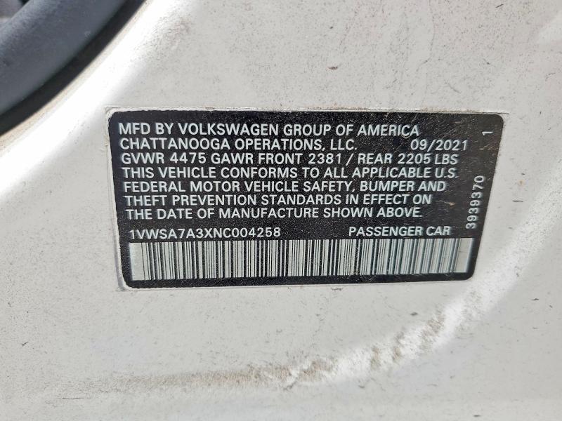 Продаж на аукціоні авто 2022 Volkswagen Passat, vin: 1VWSA7A3XNC004258, номер лоту: 60874386