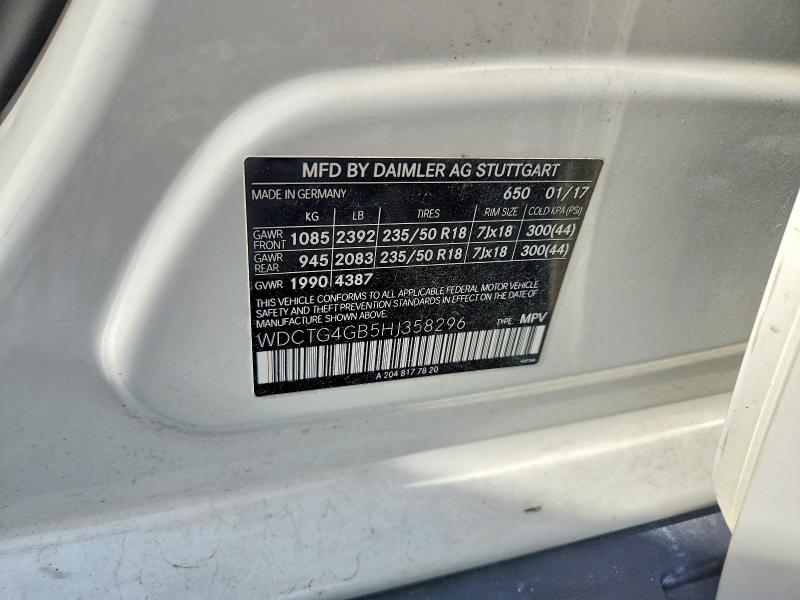 60684876 :رقم المزاد ، WDCTG4GB5HJ358296 vin ، 2017 Mercedes-benz Gla مزاد بيع