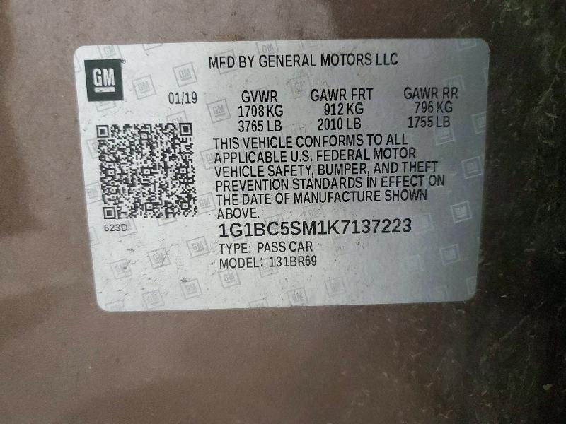 2019 Chevrolet Cruze მანქანა იყიდება აუქციონზე, vin: 1G1BC5SM1K7137223, აუქციონის ნომერი: 60211796