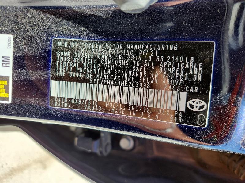 2021 Toyota Corolla მანქანა იყიდება აუქციონზე, vin: 5YFVPMAE1MP263998, აუქციონის ნომერი: 59797006