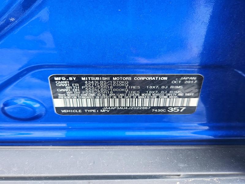 2018 Mitsubishi Outlander Sport მანქანა იყიდება აუქციონზე, vin: JA4AP3AU4JZ022867, აუქციონის ნომერი: 62745896
