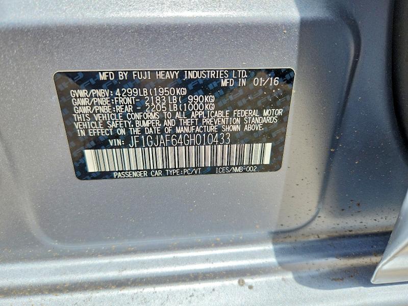 2016 Subaru Impreza მანქანა იყიდება აუქციონზე, vin: JF1GJAF64GH010433, აუქციონის ნომერი: 60184686