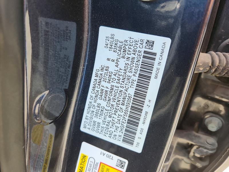 Продажа на аукционе авто 2025 Honda Civic, vin: 2HGFE2F58SH593567, номер лота: 62062066