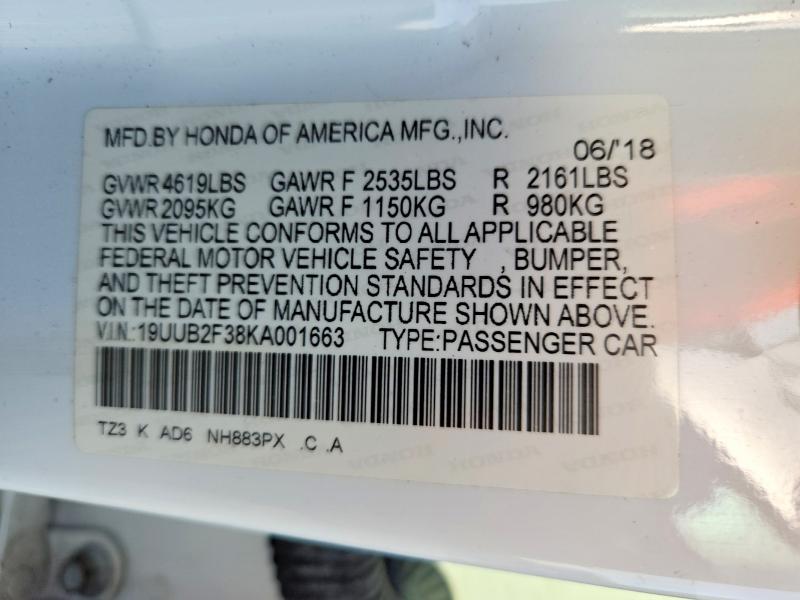 2019 Acura Tlx მანქანა იყიდება აუქციონზე, vin: 19UUB2F38KA001663, აუქციონის ნომერი: 60386416