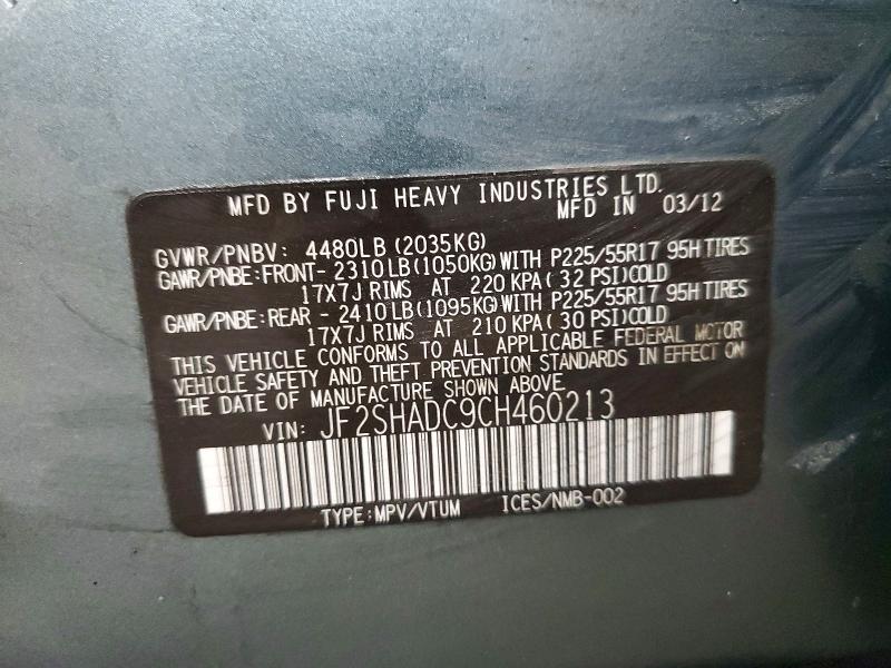 61895916 :رقم المزاد ، JF2SHADC9CH460213 vin ، 2012 Subaru Forester مزاد بيع