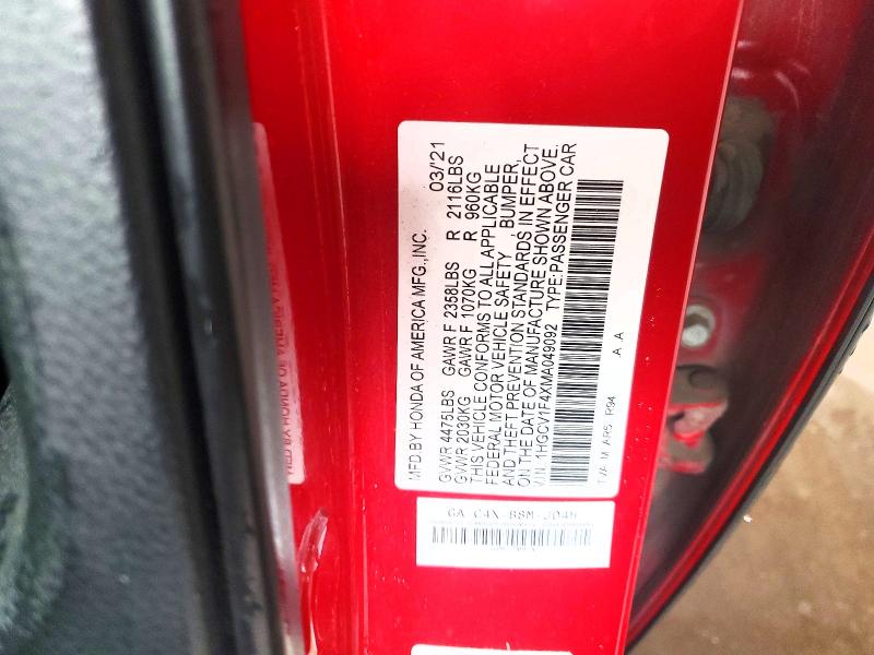 Продажа на аукционе авто 2021 Honda Accord, vin: 1HGCV1F4XMA049092, номер лота: 60802276