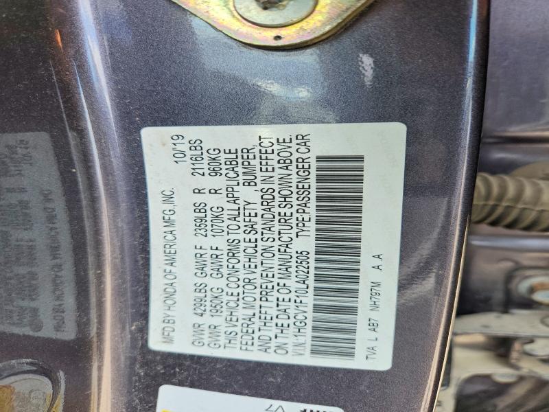 Auction sale of the 2020 Honda Accord, vin: 1HGCV1F10LA022505, lot number: 62301366