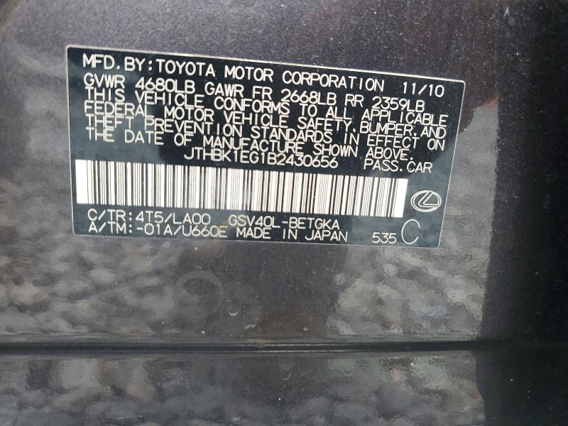 Aukcja sprzedaży 2011 Lexus Es, vin: JTHBK1EG1B2430656, numer aukcji: 62111406