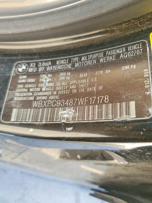 Aukcja sprzedaży 2007 Bmw X3, vin: WBXPC93487WF17178, numer aukcji: 60745686