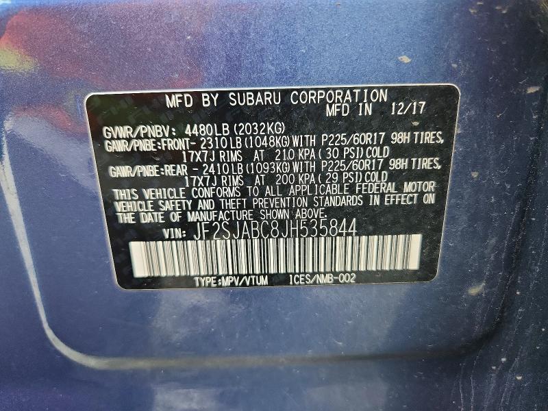 Продаж на аукціоні авто 2018 Subaru Forester, vin: JF2SJABC8JH535844, номер лоту: 59152986