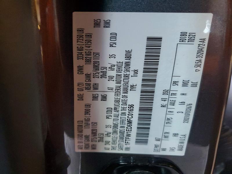 2021 Ford F150 მანქანა იყიდება აუქციონზე, vin: 1FTFW1ED6MFC01656, აუქციონის ნომერი: 61937086