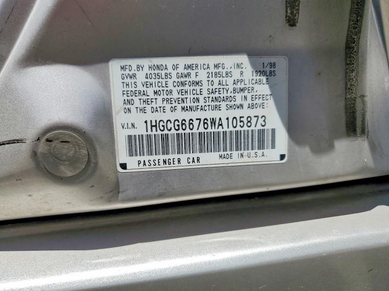 Aukcja sprzedaży 1998 Honda Accord, vin: 1HGCG6676WA105873, numer aukcji: 61713556