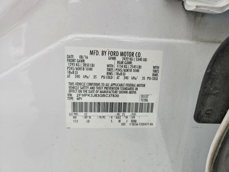 2016 Ford Edge მანქანა იყიდება აუქციონზე, vin: 2FMPK3J83GBC37830, აუქციონის ნომერი: 60452436