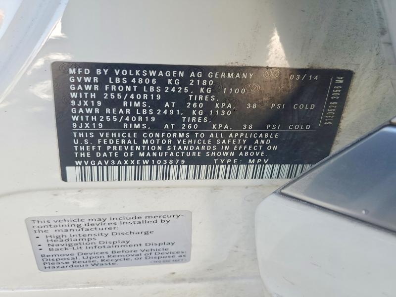2014 Volkswagen Tiguan მანქანა იყიდება აუქციონზე, vin: WVGAV3AXXEW103879, აუქციონის ნომერი: 61629436