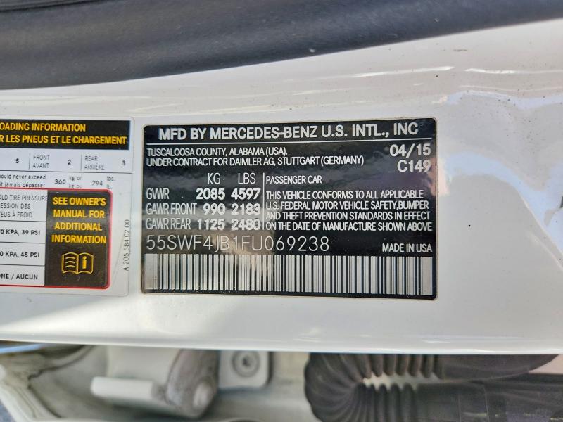 2015 Mercedes-benz C მანქანა იყიდება აუქციონზე, vin: 55SWF4JB1FU069238, აუქციონის ნომერი: 62356026